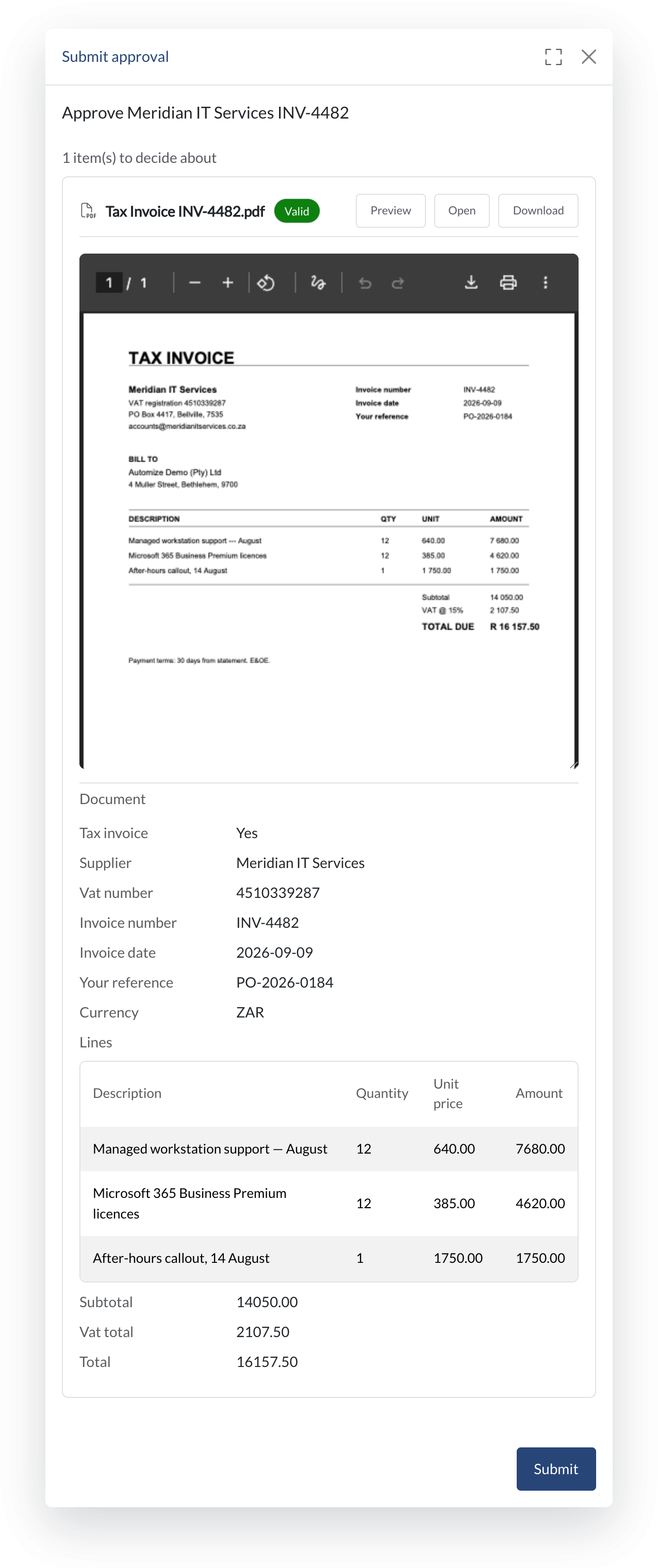 An Automize approval: the supplier invoice PDF beside the fields extracted from it, with approve and reject controls.