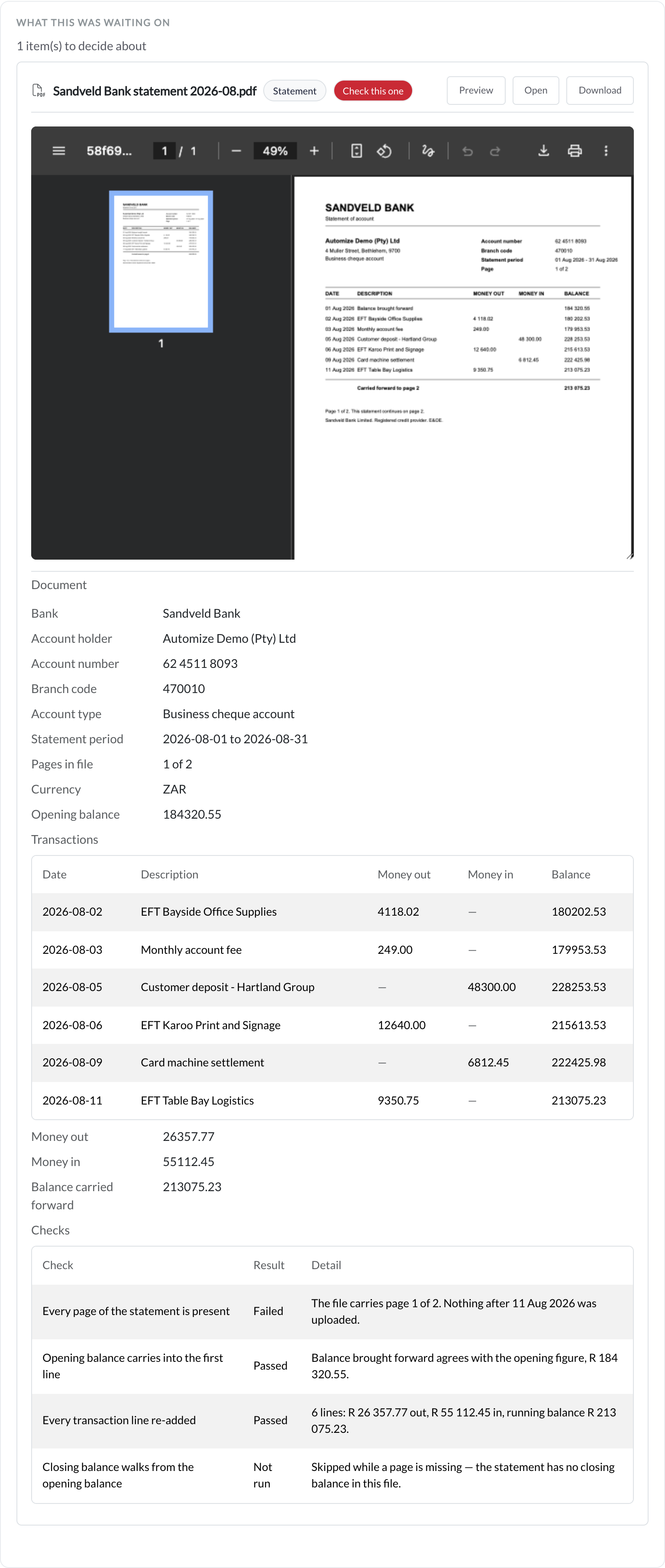 A flagged bank statement in Automize: the statement PDF beside the fields read off it, with the failed check naming what is wrong – the file carries page 1 of 2.